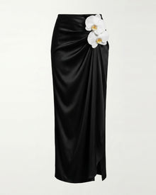 Iris Floral Appliqué Draped Satin Maxi Skirt - Black
