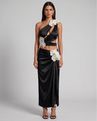 Iris Floral Appliqué Draped Satin Maxi Skirt - Black