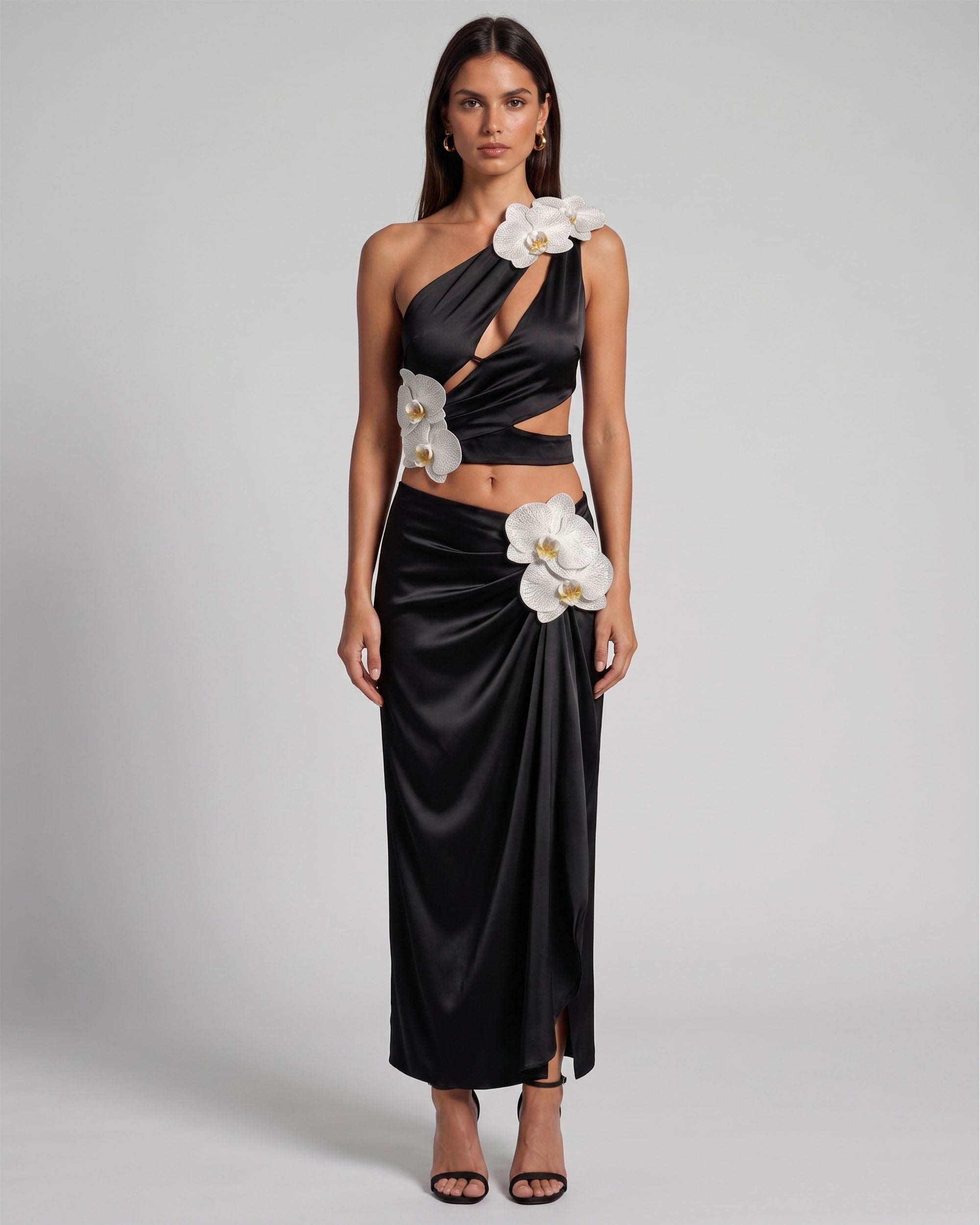 Iris Floral Appliqué Draped Satin Maxi Skirt - Black