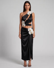 Iris Floral Appliqué Draped Satin Maxi Skirt - Black