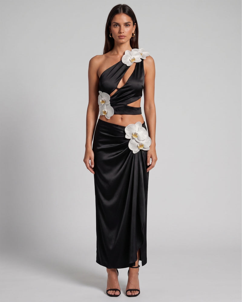 Iris Floral Appliqué Draped Satin Maxi Skirt - Black