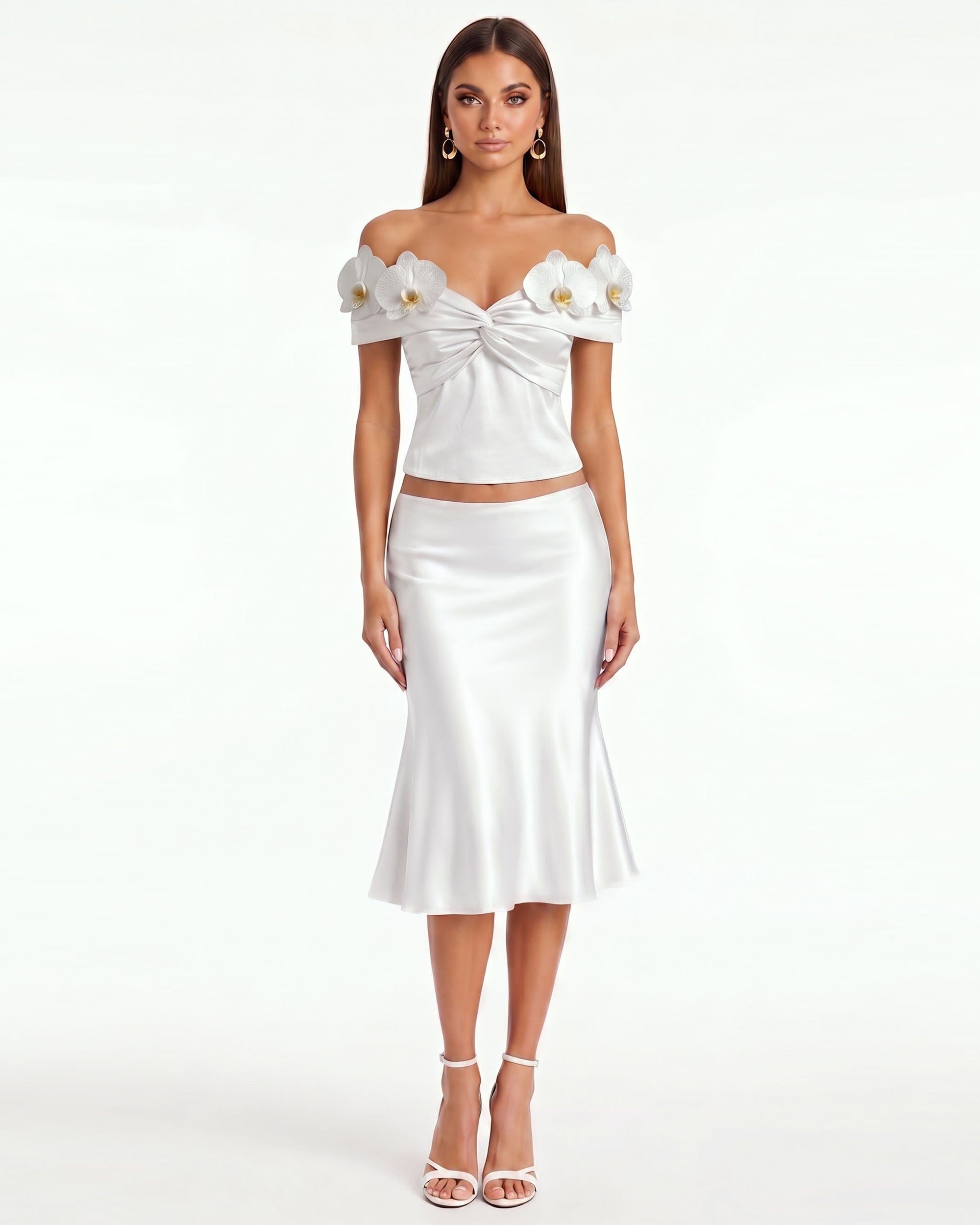 Iris Floral Appliqué Off-Shoulder Draped Top - Ivory