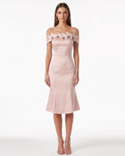 Iris Floral Appliqué Off-Shoulder Satin Midi Dress - Blush Pink