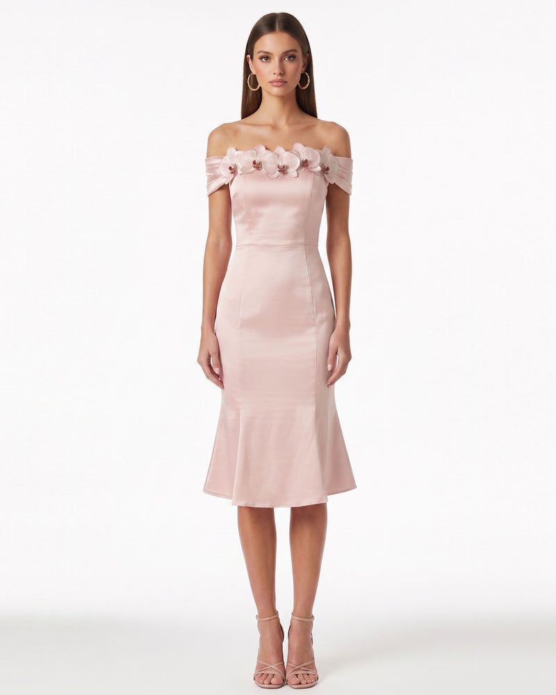 Iris Floral Appliqué Off-Shoulder Satin Midi Dress - Blush Pink