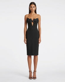 Iris Floral Appliqué Strapless Corset Midi Dress - Black