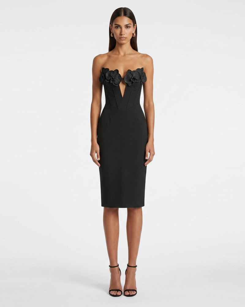 Iris Floral Appliqué Strapless Corset Midi Dress - Black