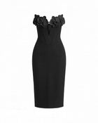 Iris Floral Appliqué Strapless Corset Midi Dress - Black