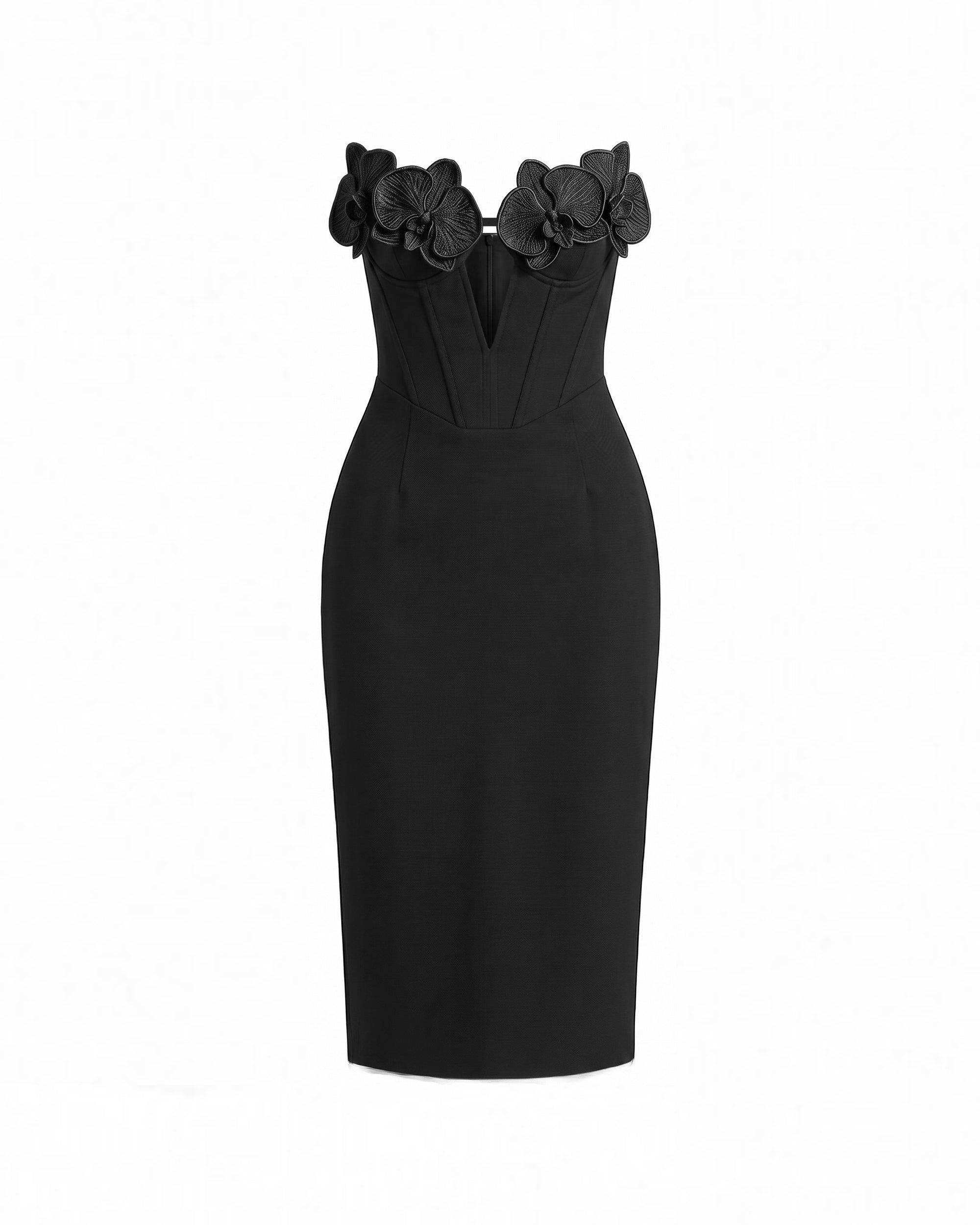 Iris Floral Appliqué Strapless Corset Midi Dress - Black