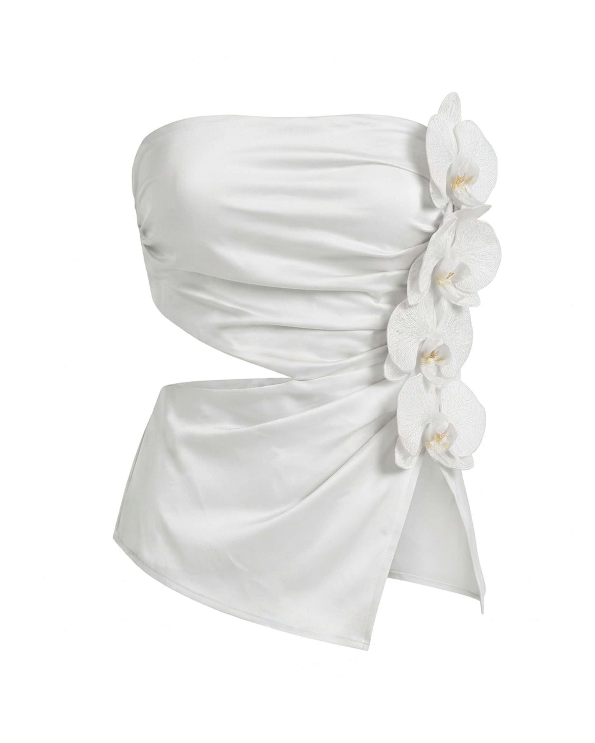 Iris Floral Appliqué Asymmetric Strapless Draped Top - Ivory