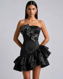 Iris Floral Appliqué Strapless Ruffle Mini Dress - Black