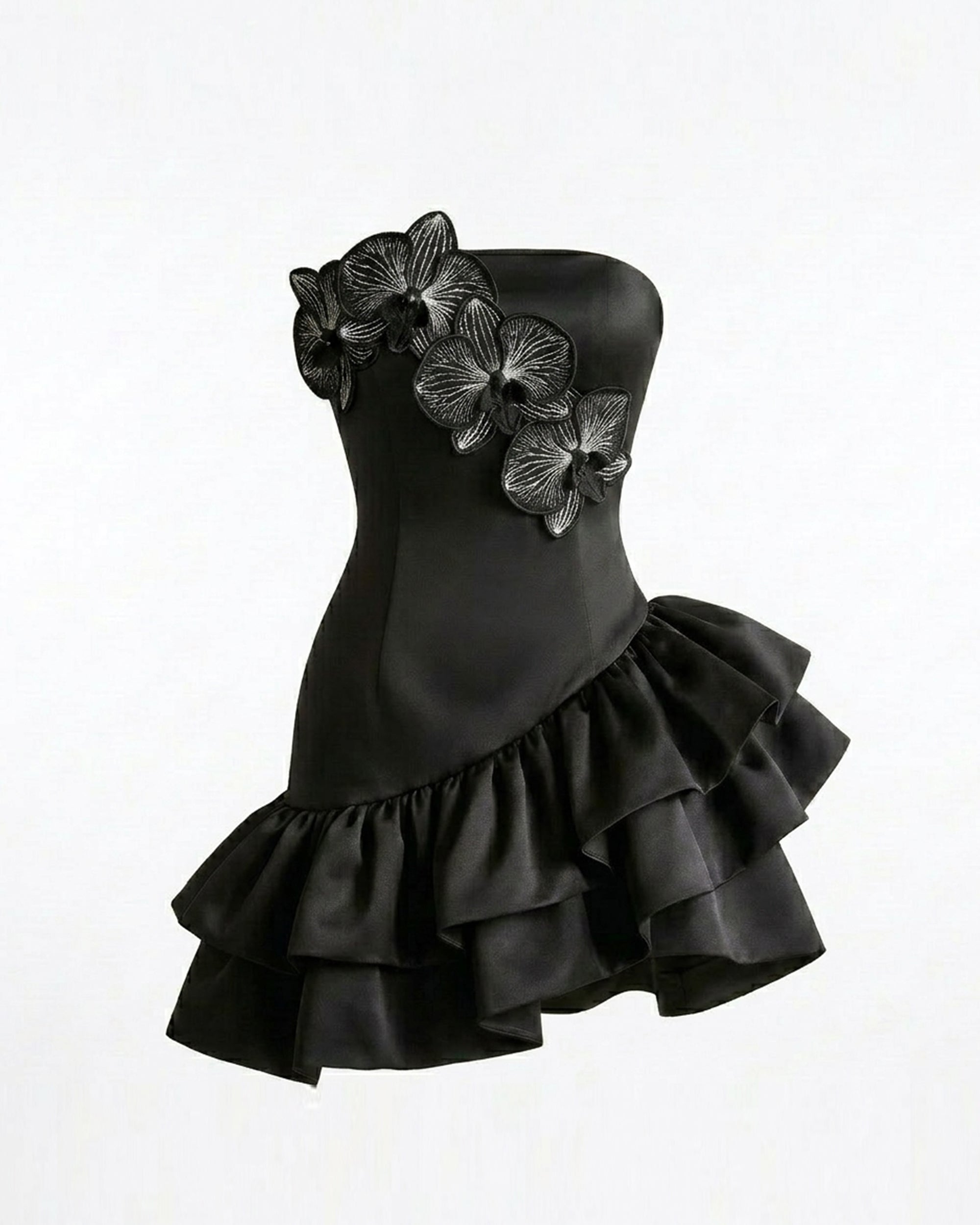 Iris Floral Appliqué Strapless Ruffle Mini Dress - Black