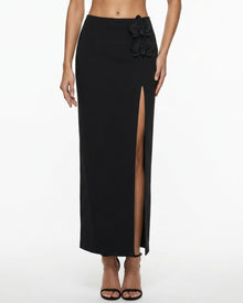 Iris Floral Appliqué High Slit Midi Skirt - Black