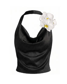 Iris Floral Appliqué Cowl Neck Halter Top - Black