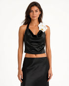 Iris Floral Appliqué Cowl Neck Halter Top - Black
