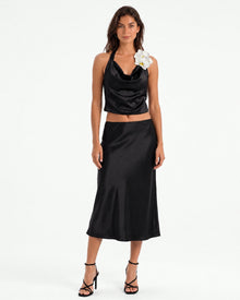 Iris Floral Appliqué Cowl Neck Halter Top - Black