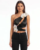 Iris Floral Appliqué Cut-Out Draped Halter Top - Black
