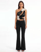 Iris Floral Appliqué Cut-Out Draped Halter Top - Black