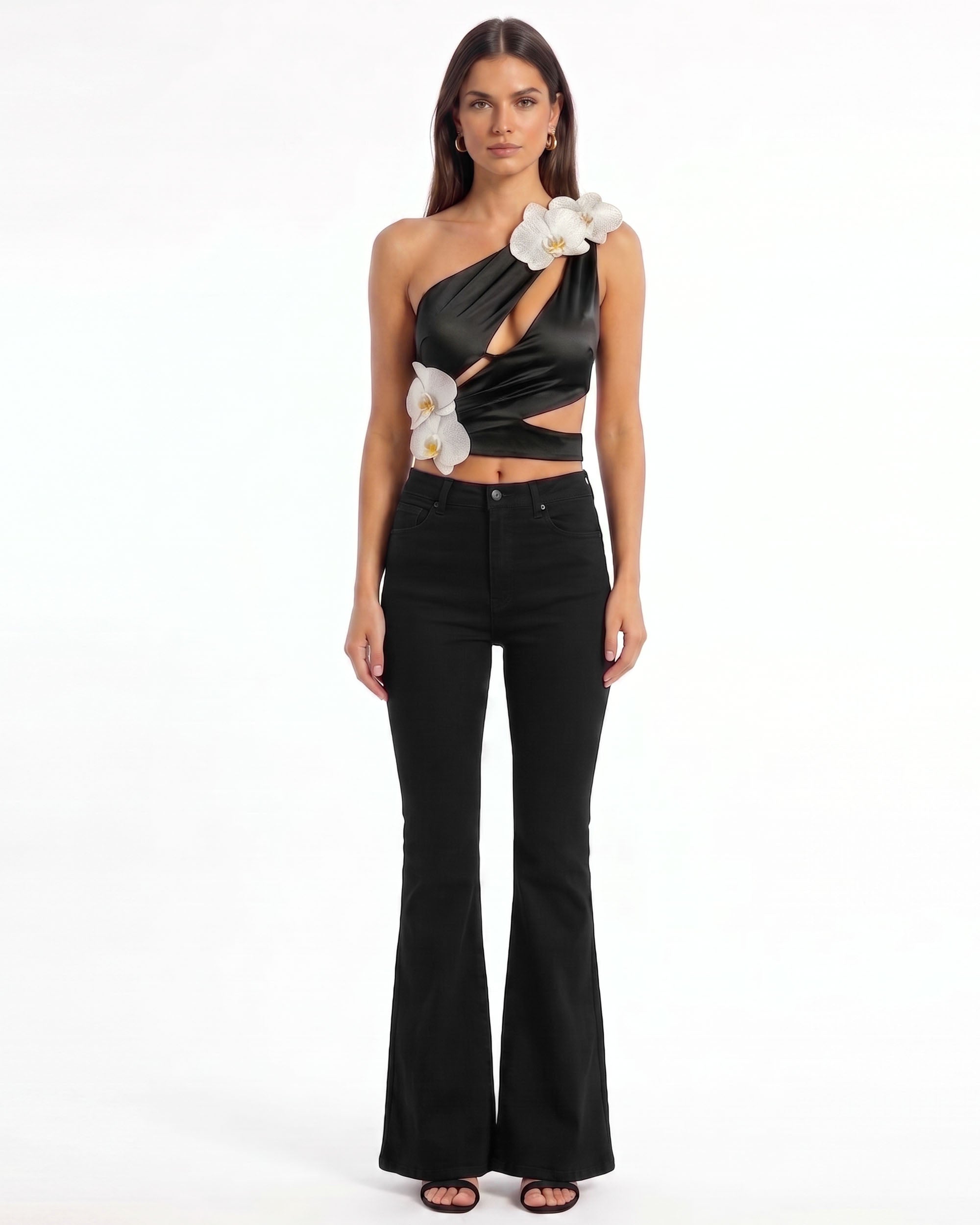 Iris Floral Appliqué Cut-Out Draped Halter Top - Black