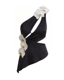 Iris Floral Appliqué Cut-Out Asymmetric Halter Top - Black