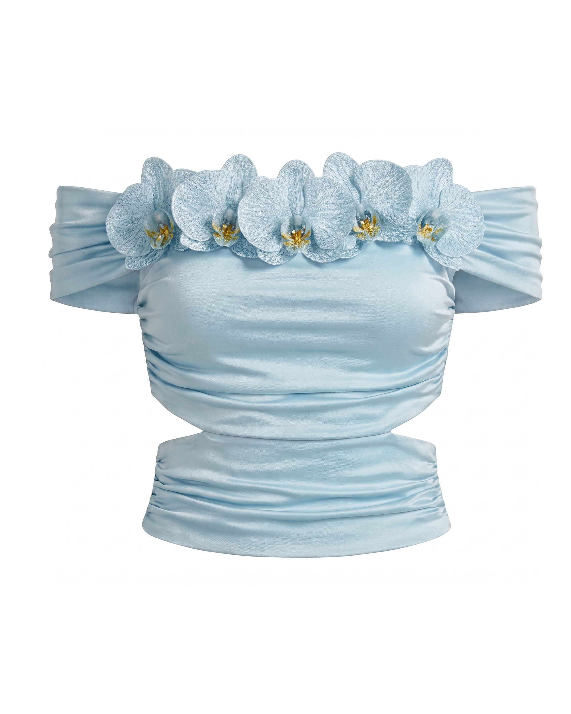 Iris Floral Appliqué Off-Shoulder Draped Top - Sky Blue