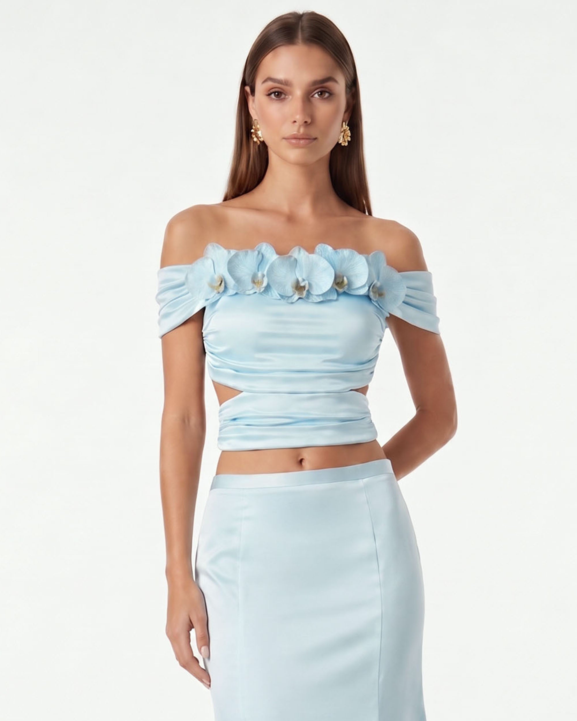 Iris Floral Appliqué Off-Shoulder Draped Top - Sky Blue