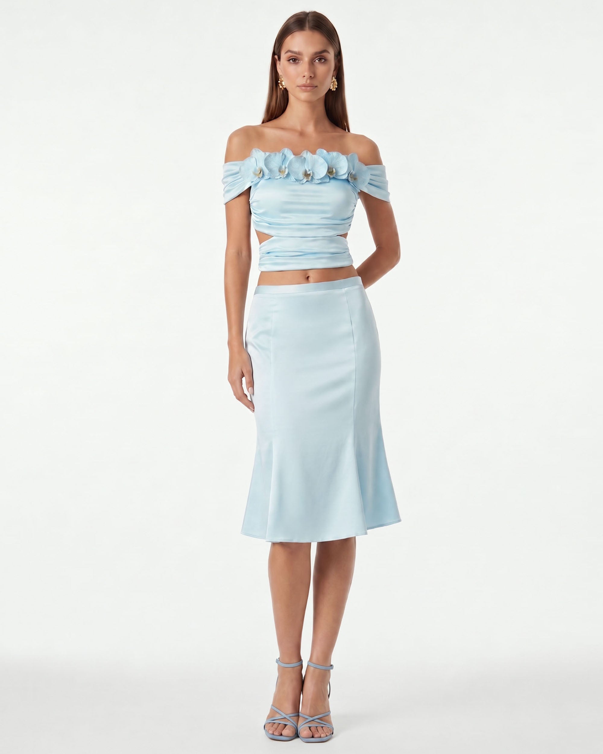 Iris Floral Appliqué Off-Shoulder Draped Top - Sky Blue