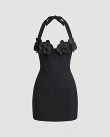 Orchid Embroidered Appliqué Corset Mini Dress - Black