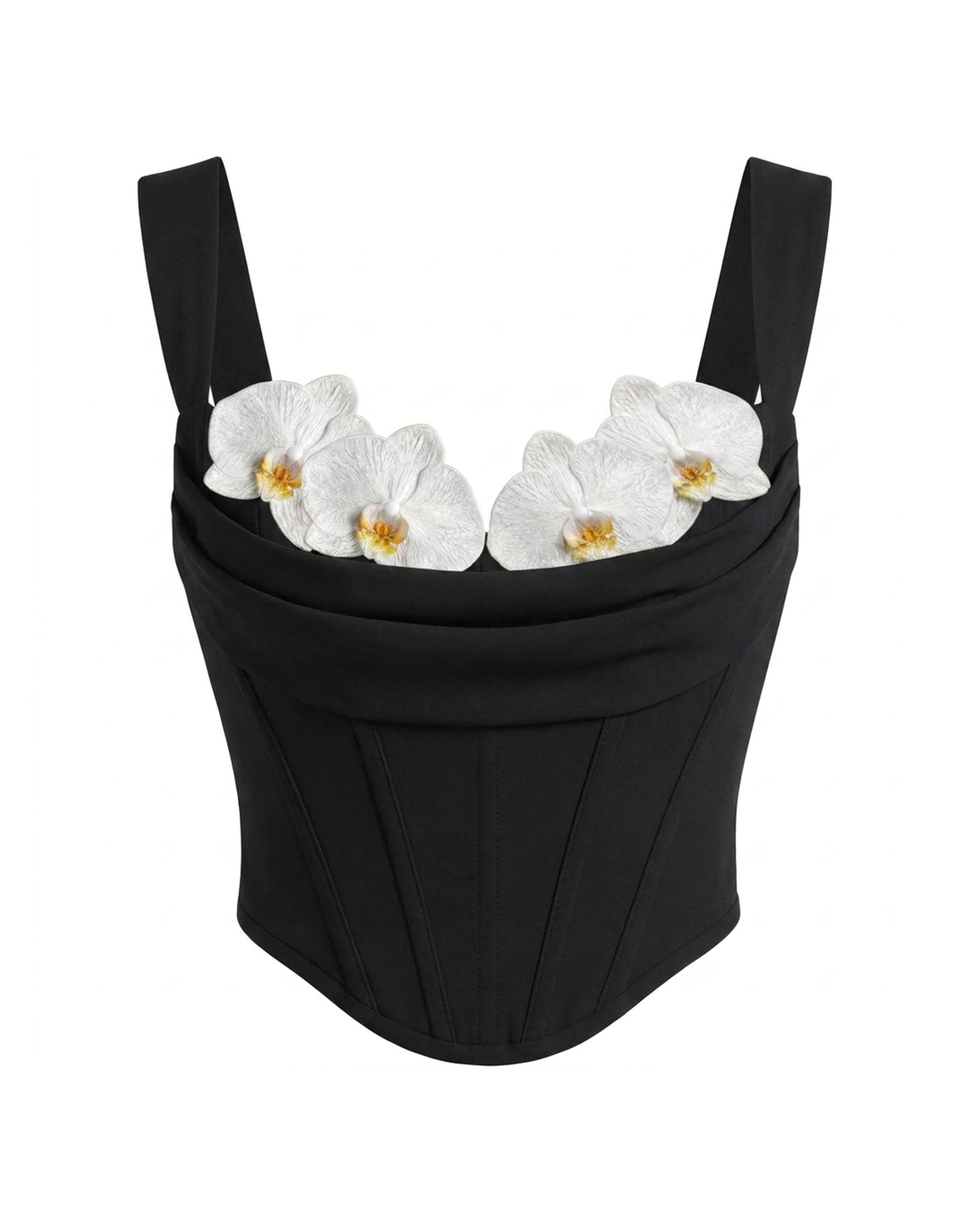 Iris Floral Appliqué Corset Bustier Top - Black