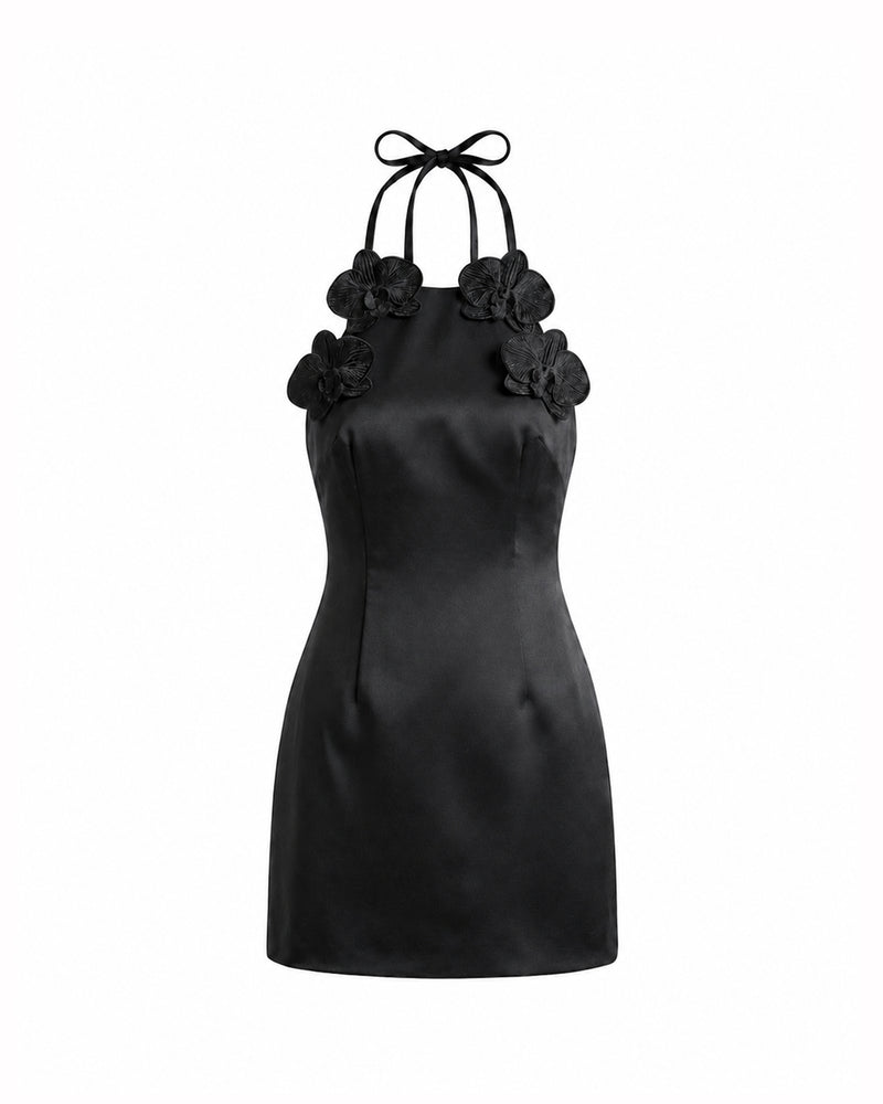 Iris Floral Appliqué Halter Mini Dress - Black