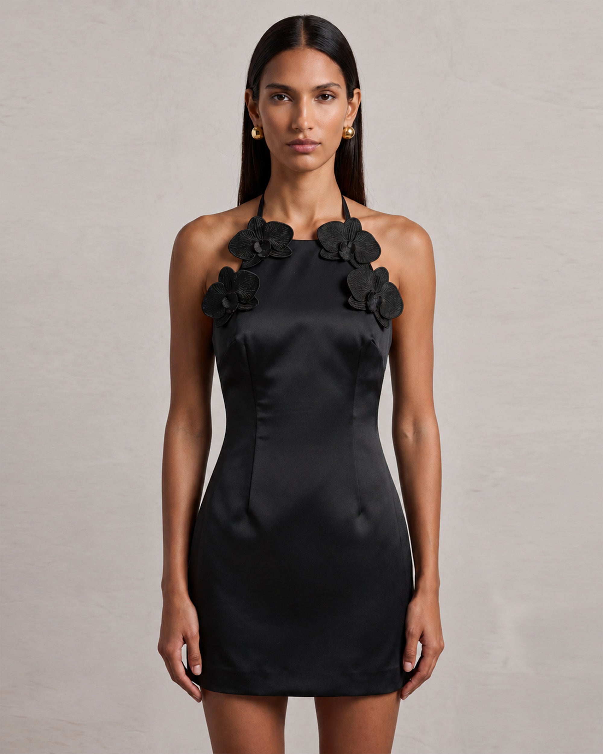 Orchid Embroidered Appliqué Halter Mini Dress - Black