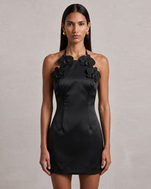 Orchid Embroidered Appliqué Halter Mini Dress - Black