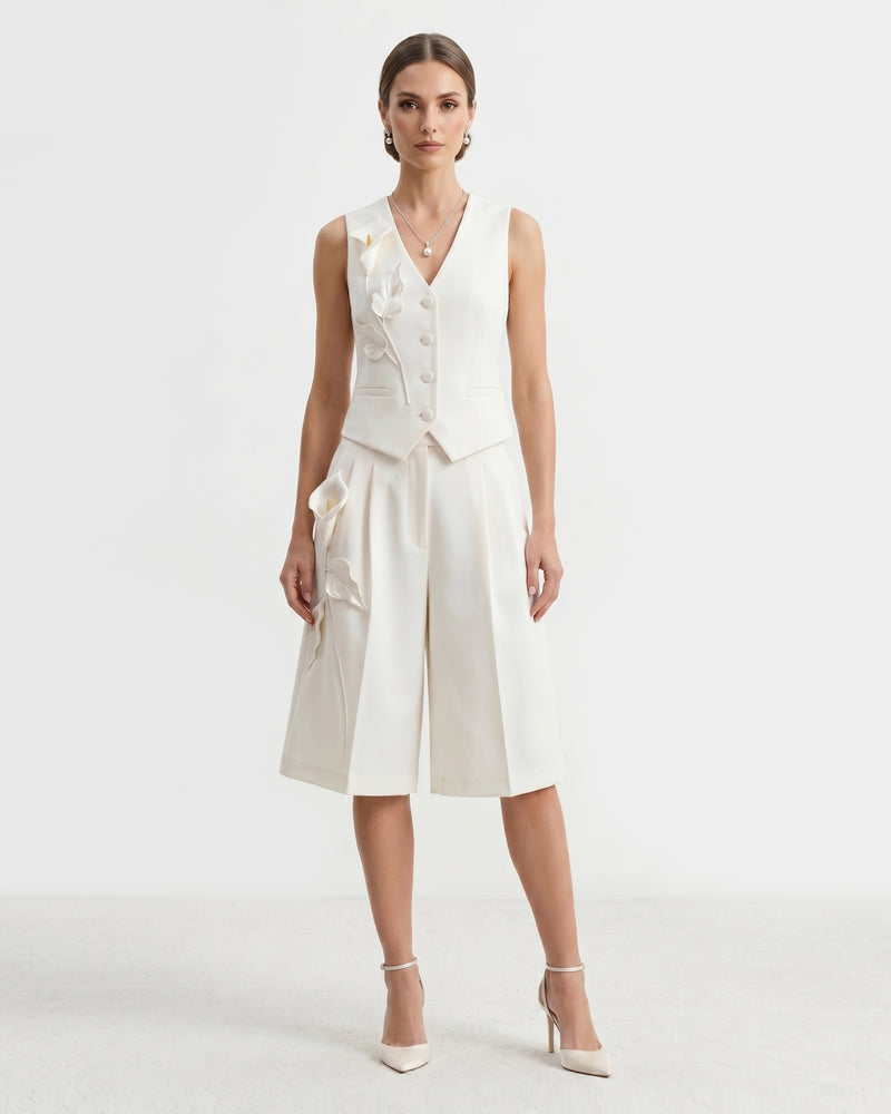 Floral Appliqué Pleated Culottes - White