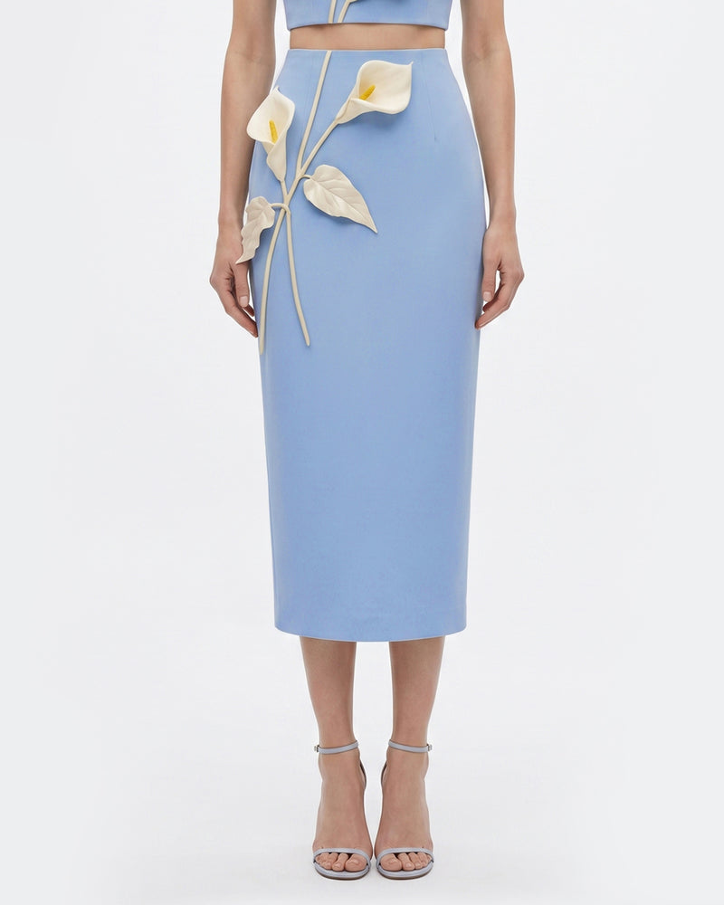 Floral Appliqué High-Waist Pencil Skirt - Light Blue