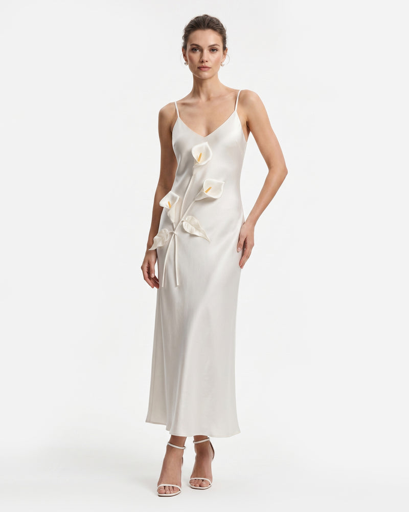 Floral Appliqué Spaghetti Strap Slip Maxi Dress - Ivory