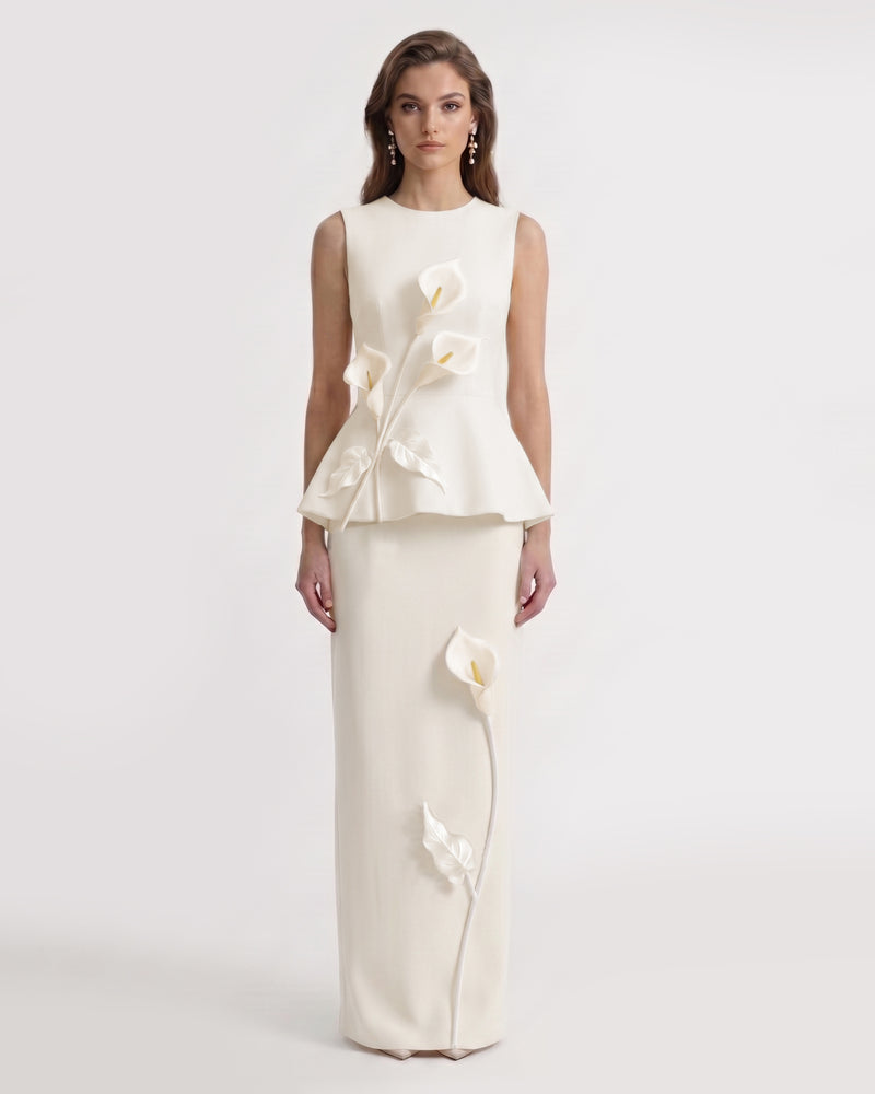 Floral Appliqué Sleeveless Peplum Top - Ivory