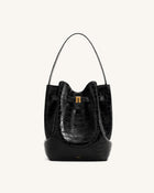 Clara Lock Accent Bucket Shoulder Bag - Black Croc