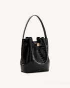 Clara Lock Accent Bucket Shoulder Bag - Black Croc