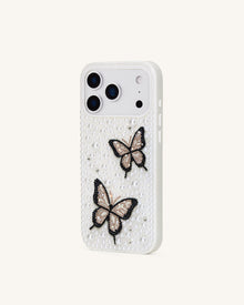 Butterfly Pearl Embellished Phone Case - White