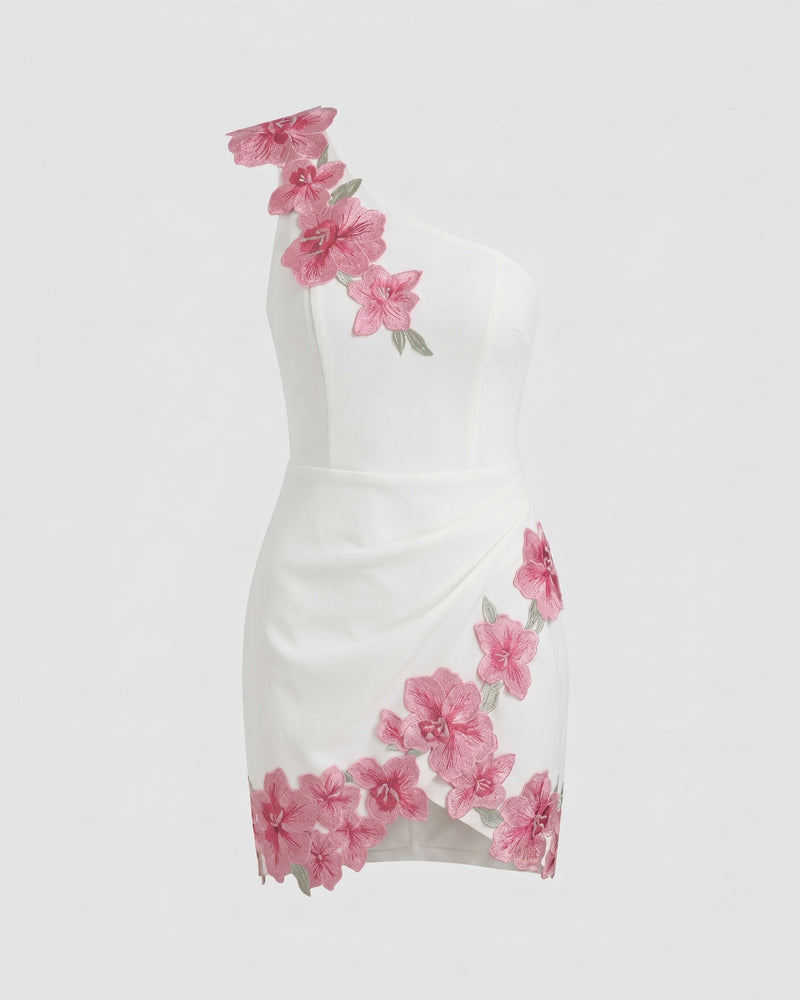 Flower Embroidered One-Shoulder Mini Dress - White