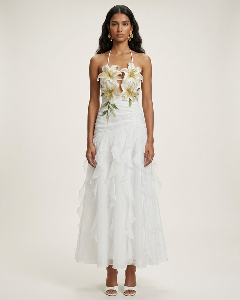 Lily-Embroidered Halter Ruffle Midi Dress - White