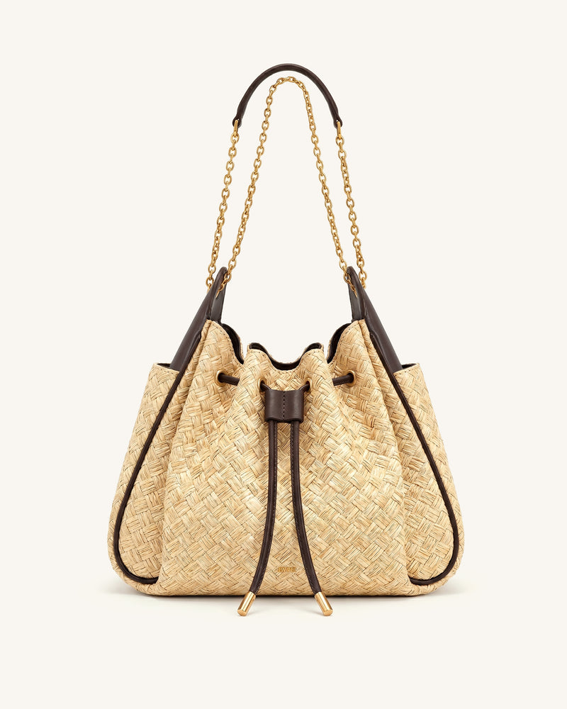 Rowan Faux Straw Ruched Drawstring Chain Bucket Bag - Brown