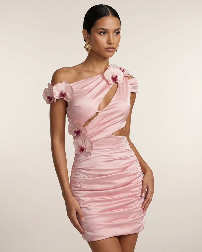 Orchid Embroidered Cutout Ruched Mini Dress - Blush Pink