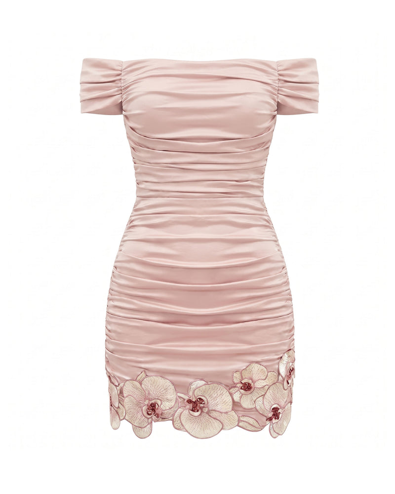 Orchid Embroidered Ruched Mini Dress - Blush Pink