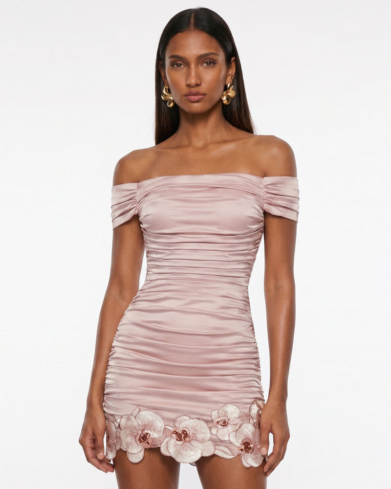 Orchid Embroidered Ruched Mini Dress - Blush Pink