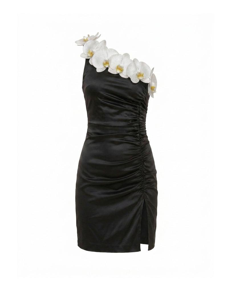 Orchid Embellished Ruched Slit Mini Dress - Black