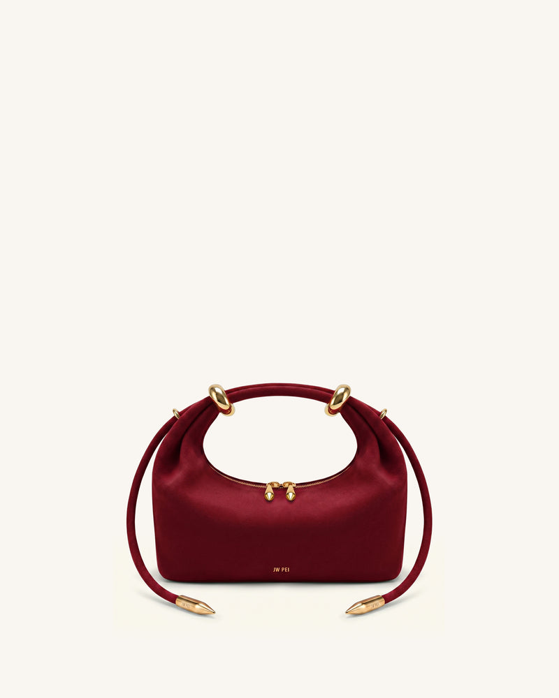 Ellie Faux Suede Metal Ring Embellished Top Handle Bag - Burgundy