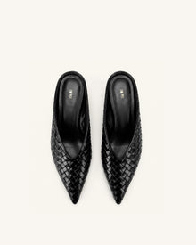 Helena Woven Textured Pointed Toe Mules - Black