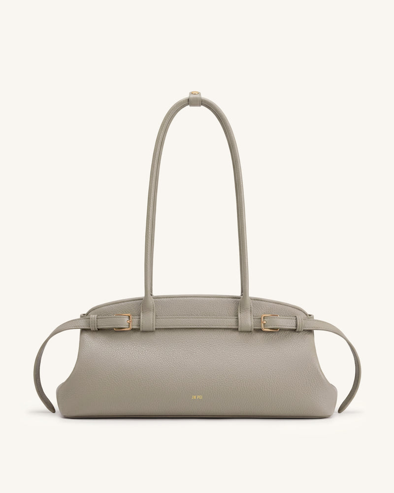 Arden Pebbled Belt Detail East-West Shoulder Bag - Taupe