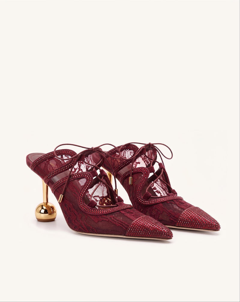 Sofia Lace Bow Mule Heels - Burgundy