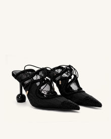 Sofia Lace Bow Mule Heels - Black